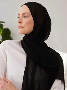 1pc Women Chiffon Casual Fashion Versatile Minimalist Solid Color Scarf, For Daily Wear For Dress - Black - View 4