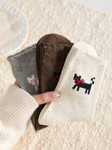 3-Pair Pack Women's (Best-Seller) Pointelle Chunky Rib Bow Cat Mid-Calf Socks – All-Season/Japanese-Style Elegant Long Socks, Versatile Chunky Rib Design | Wholesale | Random Colours | Must-Have Fashion Essential - Multicolor - View 3