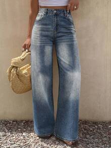 Women's Vacation Wide-Leg Washed Jeans, Perfect For Vacations And Travel, Y2K Style, Back-To-School, Elegant Attire. Casual Fall - Blue - View 3