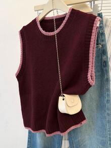 JIANHU Chaleco de punto con capas, look preppy de otoño para el Día de Acción de Gracias y Navidad - Burdeos - Ver 6