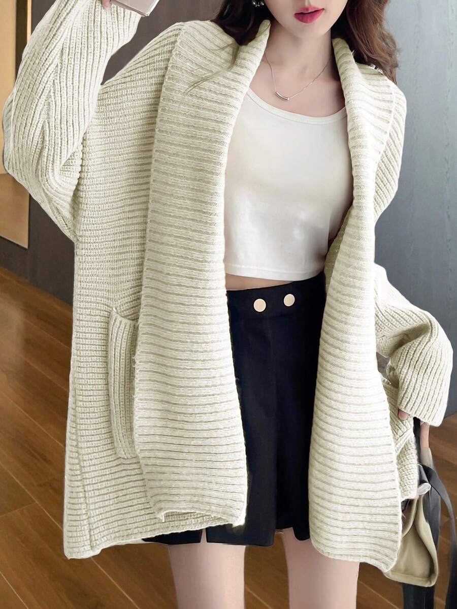 Casual Simple Loose Solid Color Cardigan - Beige - View 1