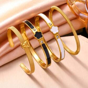 1pc Textured Clover Bangle Set | 18K Gold Stainless Steel Enamel Bracelets | Elegant Daily & Party Accessory For Women