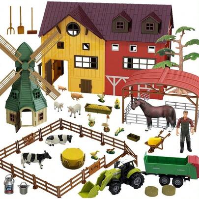 - Juego de cifras de animales de granja, 140 piezas, juguete de granero, establo, tractor de remolque, molino de viento, valla de granjero, juego para nios y nias de 3 a aos