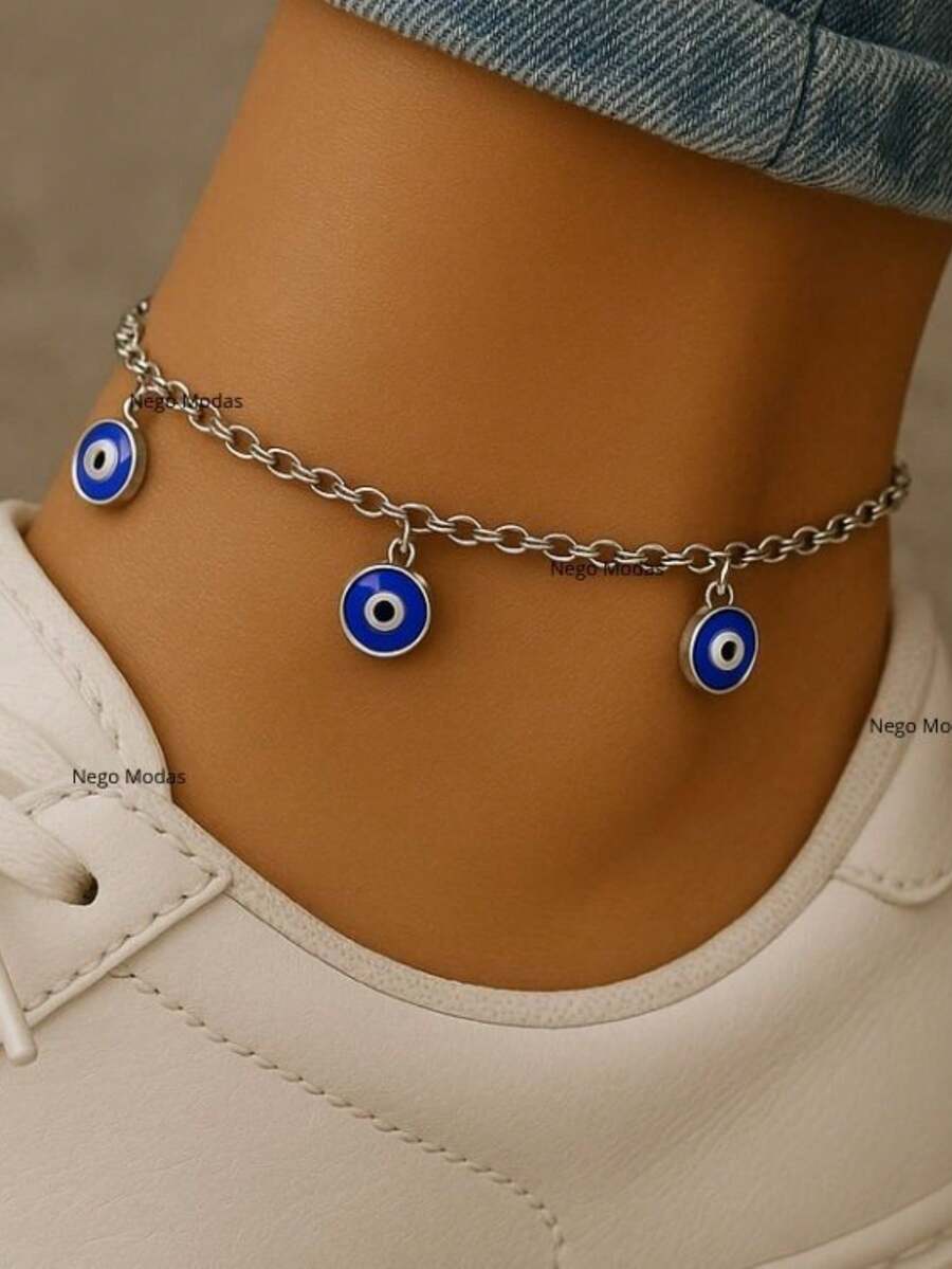 Tornozeleira Prata Olho Grego Cravejado Pimenta Zirconia Afasta Inveja Mal Olhado Proteção Fé Aço Inox
