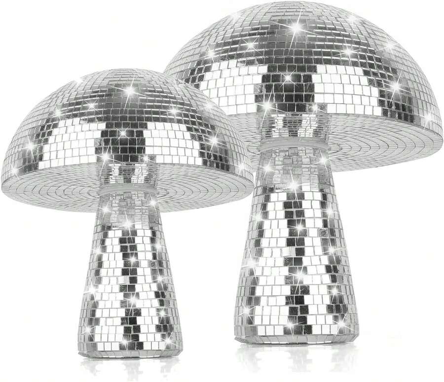 2 Sets Disco-Pilze, Disco-Pilze in Queen-Size, Disco-Pilze mit Spiegel, silberne Disco-Pilze, Discokugel-Dekoration, Disco-Pilz-Dekoration für Zuhause, Bühnenrequisiten, Spielrequisiten, Weihnachten - Silber - Übersicht 1