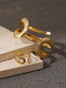 Bộ trang sức nữ thiết kế hình học vàng sang trọng 2 chiếc, bao gồm vòng tay bản rộng và nhẫn, thích hợp cho các dịp hàng ngày và tiệc tùng, lý tưởng làm quà tặng ngày lễ tình nhân Valentine, Mẹ, Mẹ, Ngày của Mẹ, Quà tặng - Vàng - Xem 6