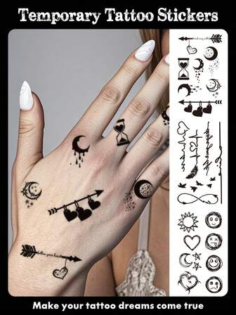 3 hojas de tatuajes temporales de arte corporal para mujeres, con diseños simples y lindos de corazón, luna y latido del corazón. Tatuaje falso impermeable, que dura de 2 a 5 días, estos tatuajes se pueden usar en manos, brazos, cuello, hombros, pecho, piernas y tobillos. Perfecto para vacaciones, fiestas, bodas y festivales de música.