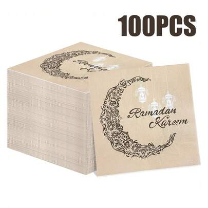 100/60/20 قطعة مناديل ورقية بمقاس 13 * 13 بوصة بموضوع رمضان مع نص "رمضان كريم" وتصميم نقش هلال وفوانيس معلقة، مستخدمة لديكور المطاعم خلال احتفالات عيد الفطر والولائم والتجمعات العائلية وعشاء الأصدقاء وفترات الإفطار في رمضان