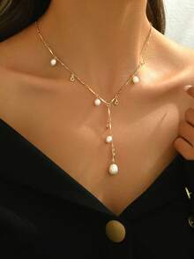 1pc Fashionable Minimalist Cultured Pearl Y-Necklace, Suitable For Formal Events And Everyday Wear - Gold - View 5