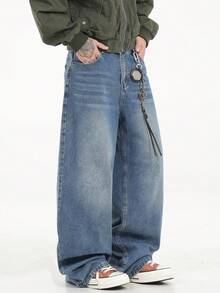 1 pieza Pantalones vaqueros holgados y lavados de estilo casual y ancho para hombre de la marca Justice Brother (cinturón y accesorios no incluidos) - Azul - Ver 3