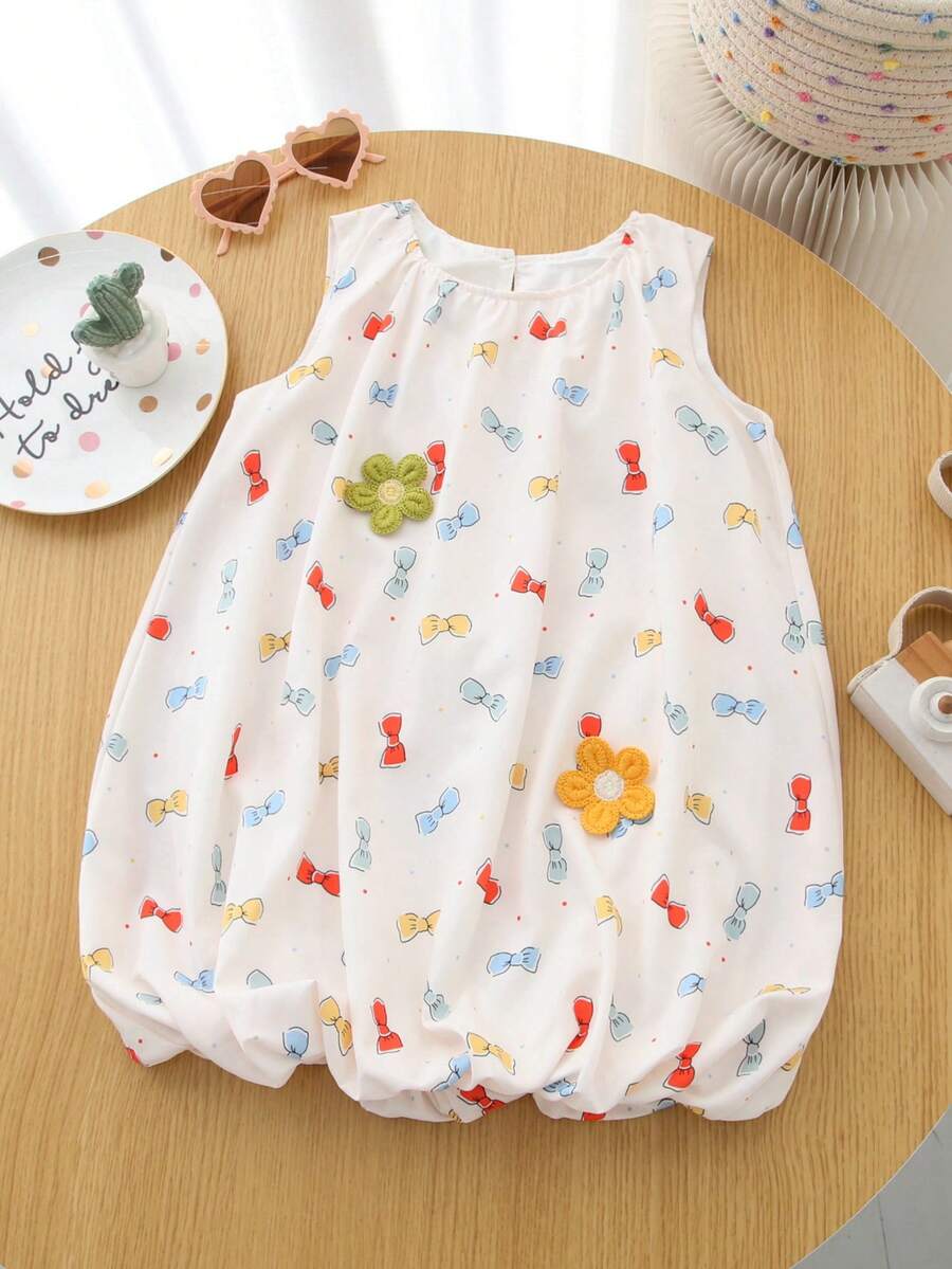 Rochie de vară pentru fete, casual, la modă, cu imprimeu de fluturi colorat și broderie florală, fără mâneci, cu model felinar - Caisă - Vizualizare 1