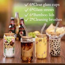 Glass Tea Coffee Cups Set 20pcs/Set (6pc 500ml Water Cup +6pc Bamboo Lid + 6pc Glass Straw + 2pc Straw Brush) 18 Ounce (Approximately 516 Grams) High Borosilicate Drinking Cup, Cute Boba Bottles, Ice Coffee Cups, Tea, DIY For Restaurant - 20PCS - 查看 7
