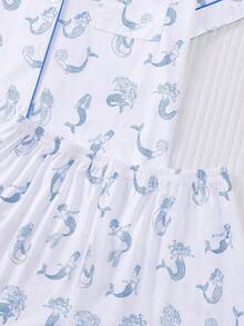 Bộ đồ ngủ nữ 2 món mùa xuân/hè, họa tiết nàng tiên cá dễ thương, áo tay ngắn cổ bẻ thoải mái và quần short cạp chun, thích hợp cho các bữa tiệc, hoạt động ngoài trời và mặc ở nhà. - Màu xanh lam - Xem 8