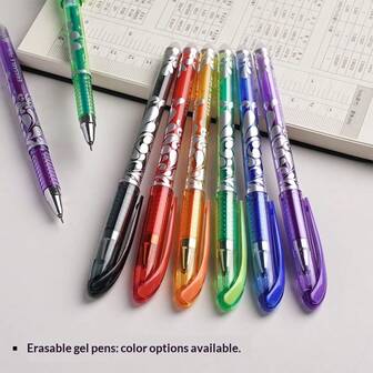6Vibrant Colors: Black, Blue, Red, Pink, Orange, Green, Purple & Light Blue. Erasable Gel Pen Set – Heat-Erasable Ink (Blue) With 0.5mm Fine Tip. Perfect For Drawing, Writing & Sketching. Office Stationery | Lightweight | Durable Plastic | Multifunctional. Ideal For Office Workers & Back-To-School Gifts.