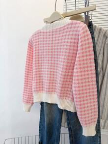 JIANHU Áo len cardigan kẻ sọc hồng trắng mới mùa xuân có nút hình trái tim, phong cách ngọt ngào cho bé gái, áo len dài tay mềm mại và cổ điển - Hồng - Xem 4