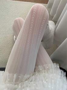 1pc Women's Casual Versatile White Textured Leggings, High Stretch, Retro Pattern Tights, Suitable For Spring And Autumn - White - View 3