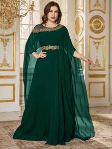 SUPGIR 优雅圆领长袖刺绣串珠收腰正式晚礼服 - 墨綠色 - 查看 5