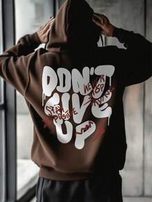 男士休闲时尚“永不放弃”标语印花袋鼠口袋抽绳连帽衫，保暖内衬，秋冬款 - 棕色 - 查看 1