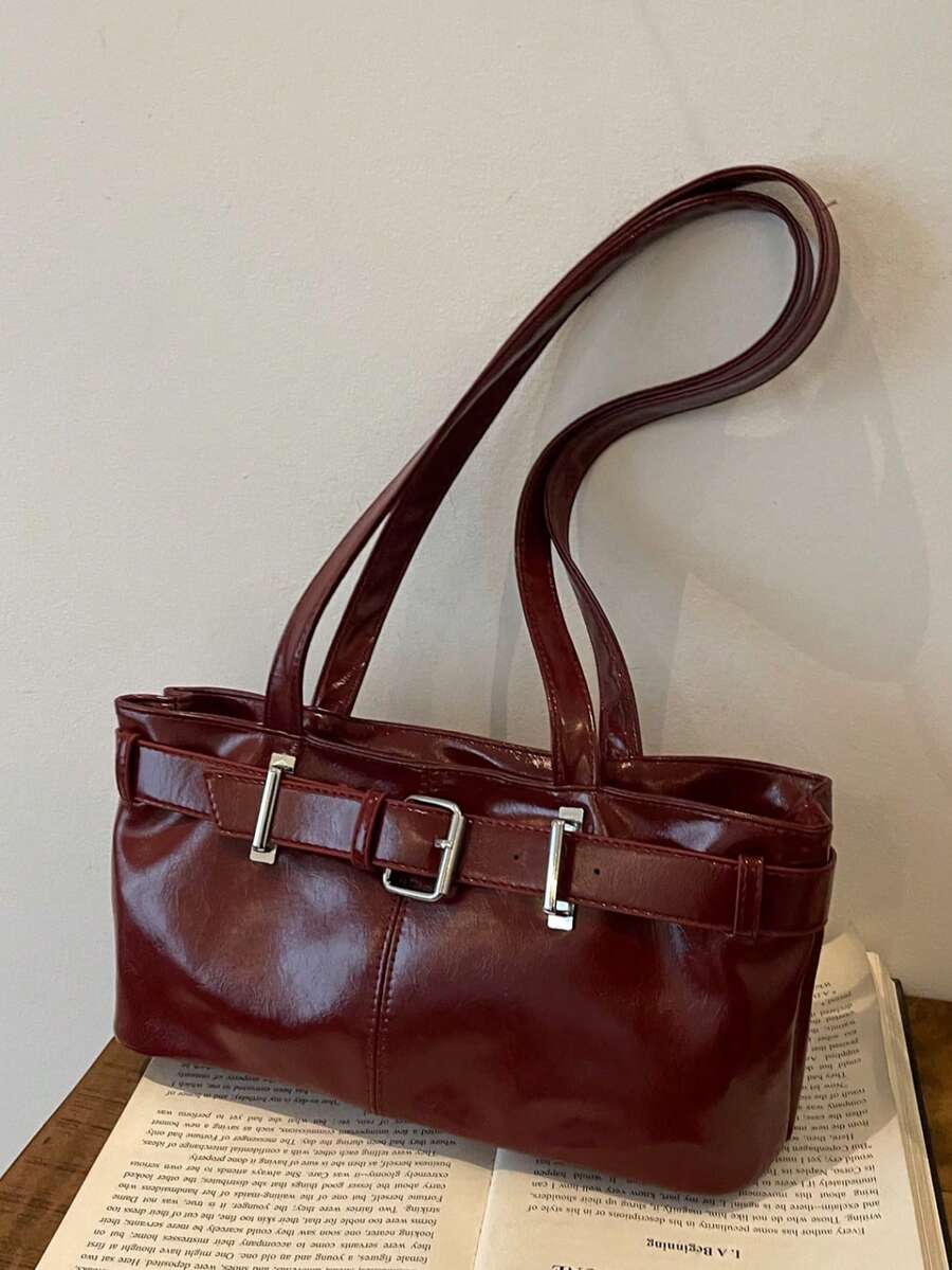 1pc Vintage Large Capacity Tote Bag, Commuter Oversized Underarm Bag, Fashion Motorcycle Women's Bag, PU Solid Color Oiled Wax Leather, Strap Decor, Zipper Closure, Women's Shoulder Bag For Work, College Student Backpack, Short Trip, Vacation, Shopping, Business, Suitable For Daily Use