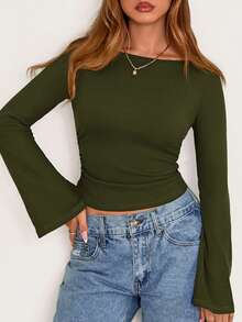 Fall New Arrival Women's Long-Sleeve Top Crop-Top Style Casual Outerwear Boat Neck With Bell Sleeves Ribbed Pleated Design Millennial-Inspired Fashion - 軍綠色 - 查看 6