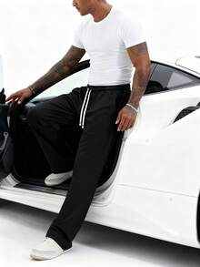 Men's Drawstring Waist Loose Wide Leg Casual Sweatpants, Autumn/Winter - Black - View 2