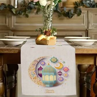 1 Piece Of Ramadan Themed Table Runner, Digital Printed Tablecloth With Crescent Moon, Colorful Stars, And Lantern Design, Durable Polyester Rectangular Tablecloth Suitable For Kitchen, Dining, Party, And Home Decoration, Rural Festival Decoration, With Various Sizes To Choose From, Making It An Ideal Choice As A Gift.