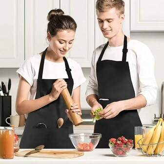 1 Adjustable Cooking Apron With Pocket For Both Men And Women, Suitable For Chefs And Barbecues. Practical Kitchen Apron, Cooking Apron, Simple Design, Classic Black Apron, Easy-To-Clean Material, Durable Structure, Suitable For Barbecue Enthusiasts And Professional Chefs.