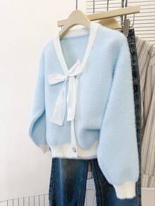 A Foreign Ribbon Neck Cardigan - Blue - View 2