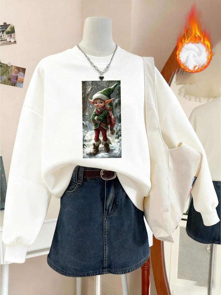 Weihnachts-Elf Portrait Damen Rundhals Pullover Damen Sportbekleidung Locker geschnittener Rundhals Sportbekleidung Dickes Gewebe geeignet für Herbst und Winter Warme Fleece-Fütterung Basic Damen Oberteil Lässig und Komfortabel Sportbekleidung Multifunktionale Streetstyle Jacken Langarm Oberteil geeignet für kaltes Wetter Damen Streetwear Damenmode. - Weiss - Übersicht 1