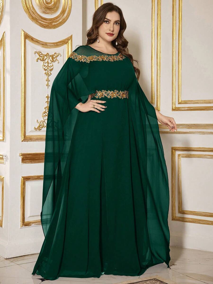 SUPGIR 优雅圆领长袖刺绣串珠收腰正式晚礼服 - 墨綠色 - 查看 1
