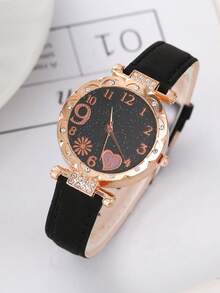 6件套女士真皮腰带时尚钻石花瓣数字表盘石英表+手链套装，母亲节礼物，生日礼物 - 黑色 - 查看 2