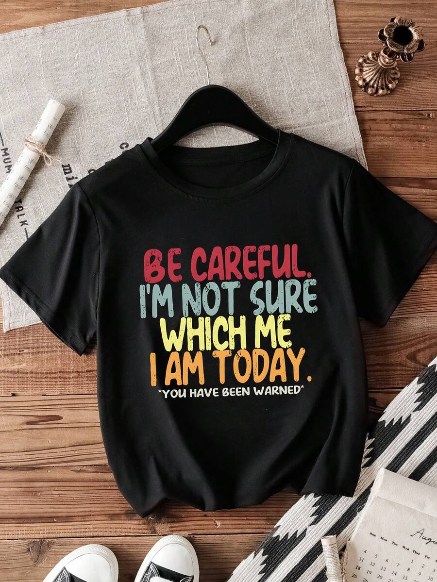 图案印花圆领 T 恤，休闲宽松短袖夏季上衣，针织面料，适合女士