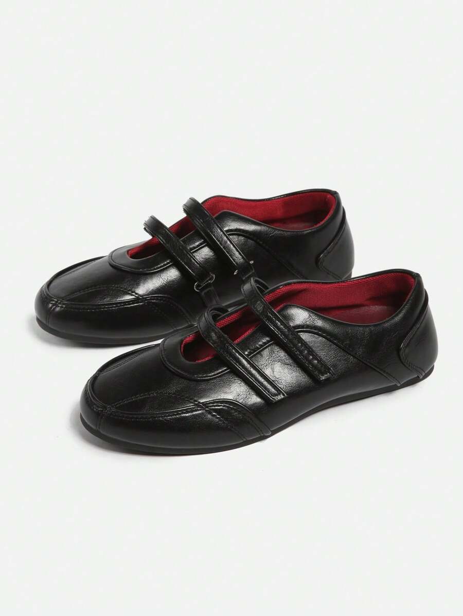 2025春季复古红色百搭魔术贴玛丽珍鞋，女士休闲圆头平底皮鞋 - 黑色 - 查看 1