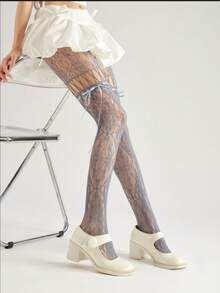 Y2K Subculture Bowknot Fishnet Stockings, Hollow Out Jacquard Mesh Pantyhose, Dark Night Black - Blue - View 1