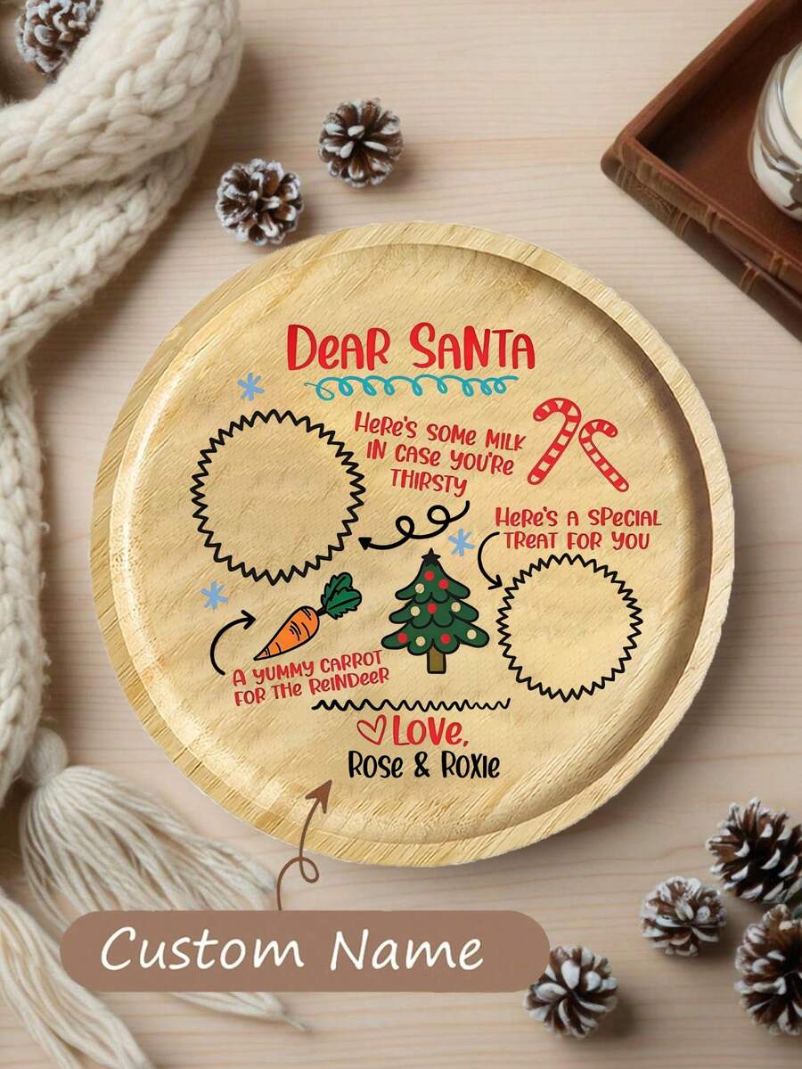 定制圣诞老人饼干盘、圆形圣诞托盘、木质圣诞饼干牛奶托盘、平安夜驯鹿小吃托盘、圣诞礼物、圣诞老人餐垫、饼干盒、牛奶胡萝卜盘、节日派对托盘用品 - 彩色 - 查看 1