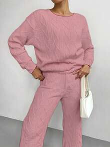 Ladies' Oversized Cable Knit Sweatsuit, 2-Piece Sweater & Pants Set, Soft Warm Autumn/Winter Outfit, Holiday Season Casual Loungewear, Various Chic Festive Colors To Choose - 粉色 - 查看 5