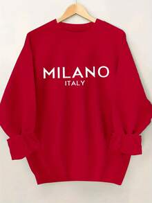 Winter Clothes For Women, White Letter Printed Plus Size Women's Fashion Round Neck Sweatshirt; 's Pullover; - 紅色 - 查看 4