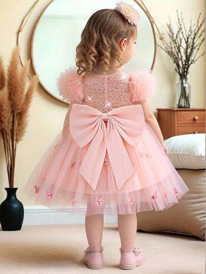 Baby Girls' Short Sleeve Sequin Butterfly Back Bow Tulle Cute Birthday Party Princess Dress, Suitable For Flower Girl, Holiday & Travel, Fabric Pattern Random, Headband Not Included