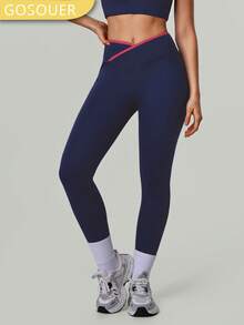 Damen Sporthose ohne Vordernaht mit kontrastfarbiger Einfassung, V-förmiger Taille, formend, für Fitness und Yoga - marineblau - Übersicht 7