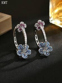 KMT 2pcs Women's Copper Inlaid Cubic Zirconia Floral Hoop Earrings, Jewelry For Engagement, Wedding, Bride, Bridesmaid, Party, Ball, Elegant Daily Wear Accessory. French Luxury Vibe, Spring/Summer Color Block Sweet Fairy Style, Gentle Vintage Garden Accessory, Wedding Dress, Formal Gown, Photoshoot, Gentle Date, Evening Dinner - Silver-small - View 4