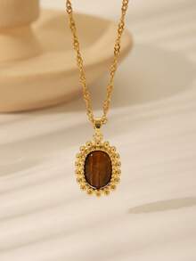 1 件复古棕色宝石不锈钢吊坠项链，椭圆形太阳心形镀金水钻颈链，适合女性日常和节日佩戴或珠宝礼物 - 金色+寶藍色 - 查看 8