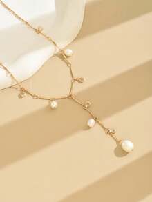 1pc Fashionable Minimalist Cultured Pearl Y-Necklace, Suitable For Formal Events And Everyday Wear - Gold - View 4