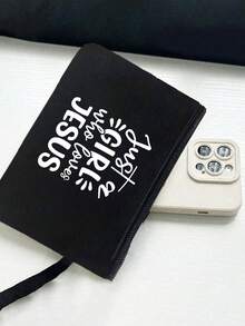 一套轻便手提包和化妆包，女士大容量亚麻托特包 - 简约“Just A Girl Who Loves Jesus”英文字母、心形和十字架图案，基督教主题大容量购物袋，创新设计，宽敞便携休闲手提包 - 彩色 - 查看 8