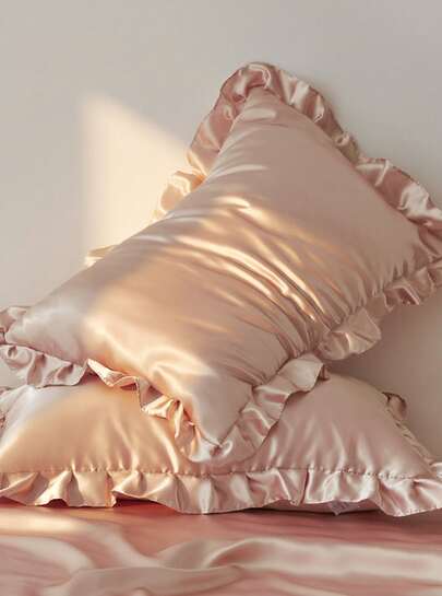 2件套高级丝滑缎面信封式枕套，带蕾丝花边，柔软透气，不易起皱，呵护秀发肌肤，提升睡眠质量，枕套不含枕芯。适用于家庭床上用品、学校宿舍等。