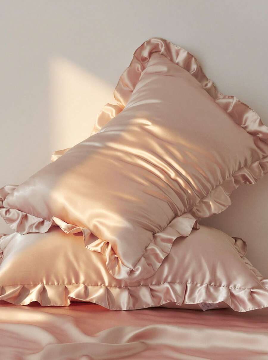 2pcs Premium Silky Satin Envelope Pillowcases Set With Lace, Soft Breatheable Wrink-Free Better For Hair Skin Sleep, Pillow Covers Without Filling.For Home Bedding And School Bedding Dorm Essentials - Champagne - View 1