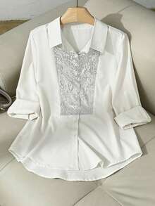 Women's Shiny Sequin Patchwork Button Decorated Stage & Concert Shirt - Apricot - View 5