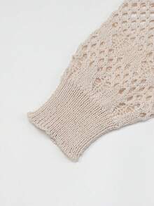 Suéter de malha transparente, modelo 2026, moderno para primavera/verão, blusa de malha feminina de manga comprida, suéter feminino, cor damasco, macio, estético, versátil, com detalhes vazados e inspiração literária, gola redonda e estampa artística retrô. - Damasco - Ver 5