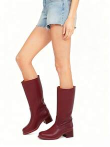 Western Boots For Women Flower Embroidery Mid Calf Boots Square Toe Chunky Block Heel Knee High Boots Low Heel Long Boots For Women Comfortable Casual Cowgirl Western Boots For Women Comfort Country Walking Shoes - 酒紅色 - 查看 6