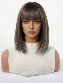 12 Inch Ombre Brown Wig Short With Bangs Natural Looking Synthetic Wigs For Women Daily Wear Girl Wig Gift - Brown Ombre - View 3