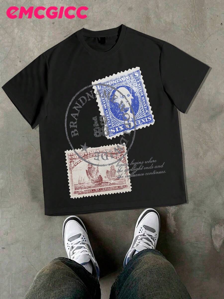 EMCGICC Street Life Men's Y2k Style (220 Pure Cotton T-Shirt) Retro Graphic Funny Printing,Hip Hop ,Men's Summer Tops Round Neck Short Sleeve Casual T-Shirt, Summer Street Sports Life Men's - màu đen - Xem 1